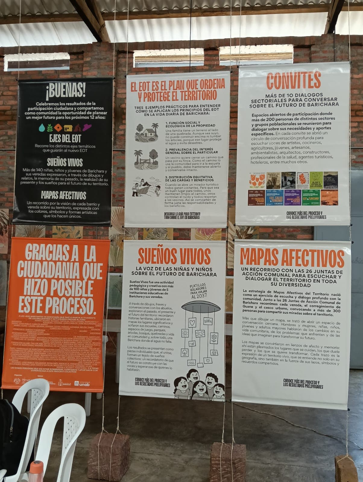 Posters en negro, blanco y naranja con información recopilada en los talleres didácticos